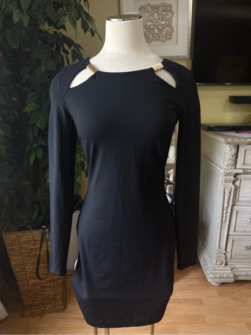 Bebe Made in USA Black Gold Hardware Cutout Bodycon Mini Dress M Y2K
